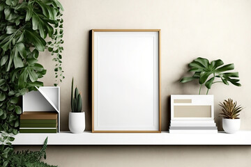 Frame mock up on a shelf with green plants a decoration. Generative AI - obrazy, fototapety, plakaty
