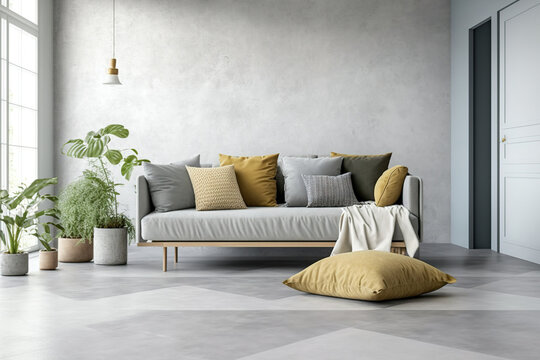 Room with Concrete Flooring and Cozy Sofa . Generative AI
