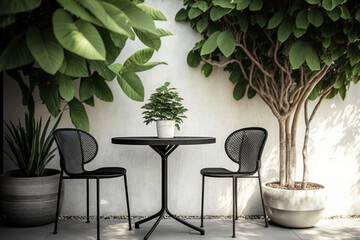 Black steel chair or field chair and round table near the frangipani in the flower pot are all the patio furniture on the wooden terrace with dwarf tree wall. Generative AI - obrazy, fototapety, plakaty