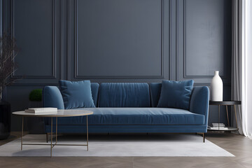 Interior of living room with blue sofa 3d rendering