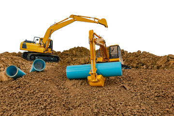 Obraz premium Crawler Excavator is digging soil in construction site with pipeline work on isolated white backgrounds.