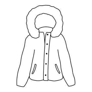 recommend clip art: Puffer winter jacket with hood isolated on white. Doodle outline illustration