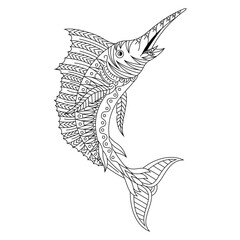 Hand drawn of marlin fish in zentangle style