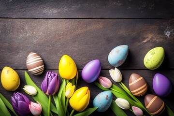 easter eggs and tulip background Created with generative Ai Technology