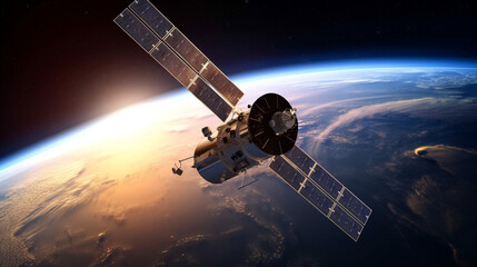 Obraz na płótnie Canvas satellite orbiting Earth and transmitting data AI generated
