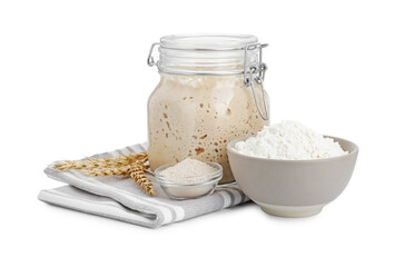 Fresh leaven, ears of wheat and flour isolated on white