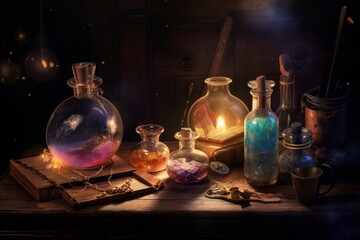 colorful magic potion bottles
