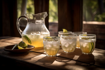 Margarita pitcher with multiple glasses, lime wedges, and ice cubes - obrazy, fototapety, plakaty