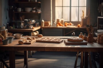 Fototapeta na wymiar Empty wooden table and blurred white kitchen white wall background. Amateur baker kitchen, GENERATIVE AI