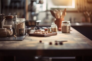 Obraz na płótnie Canvas Empty wooden table and blurred white kitchen white wall background. Amateur baker kitchen, GENERATIVE AI