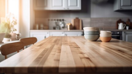 Fototapeta na wymiar Empty wooden table and blurred white kitchen white wall background. Amateur baker kitchen, GENERATIVE AI