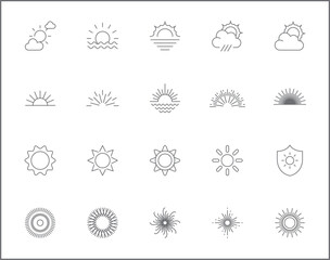 Simple Set of sun Related Vector Line Icons. Vector collection of sunbursts, rays, weather, sun raise, sunshine, solar and design elements symbols or logo element.