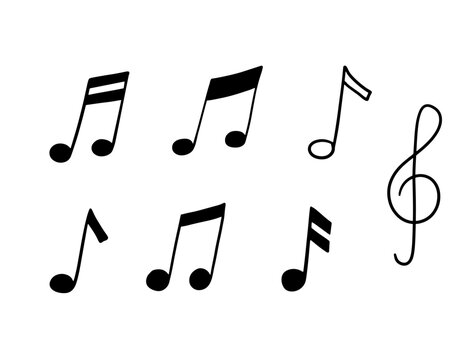 Music notes and treble clef icons set. Vector outline illustration isolated on white