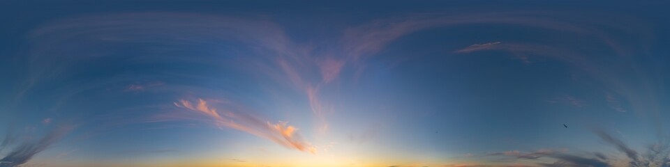360 hdr equirectangular panorama, colorful sunset sky, Cirrus clouds, ideal for 3D visualization and sky replacement