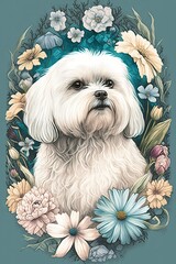 Stunning Pastel Maltese dog in a Floral Wonderland: A Scene of a Majestic Animal Surrounded by Delicate Flowers in a Soft and Dreamy Style with Beautiful Serenity Generative AI