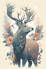 Designer Pastel Elk in a Wonderland of Floral: A Serene Scene of a Beautiful Majestic Animal Surrounded by Delicate Flowers in a Soft and Dreamy Style Generative AI