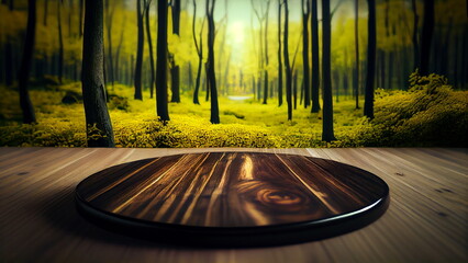 Wooden table over soft blurry green nature in forest as background. Using a Mock up template for your design display with Generative AI Technology.