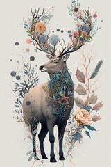 Stunning Pastel Reindeer in a Floral Wonderland: A Scene of a Majestic Animal Surrounded by Delicate Flowers in a Soft and Dreamy Style with Beautiful Serenity Generative AI