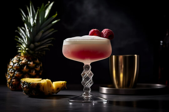 French martini with a frothy pineapple foam and raspberry garnish