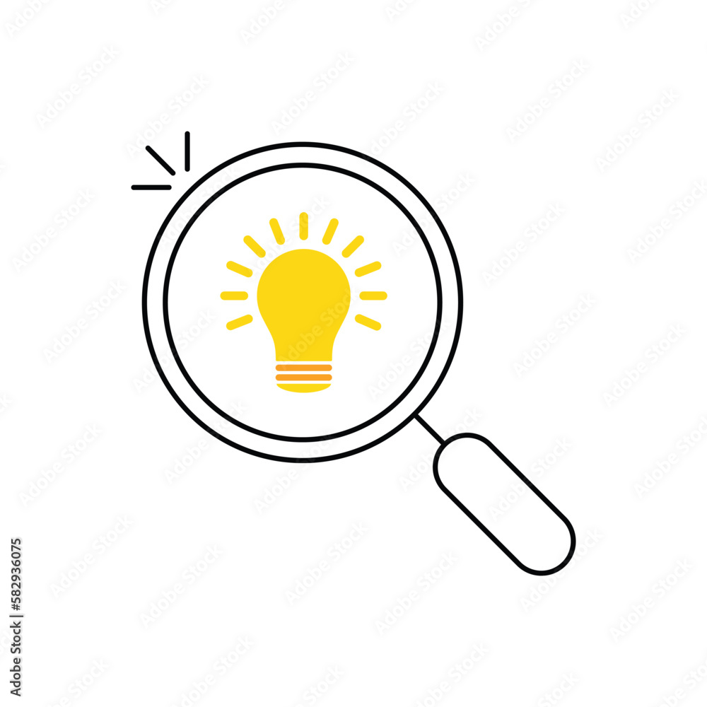 Poster finding ideas icon with thin line magnifier. concept of suggest simplicity or survey and studying pr