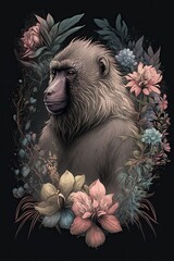 Designer Pastel Baboon in a Wonderland of Floral: A Serene Scene of a Beautiful Majestic Animal Surrounded by Delicate Flowers in a Soft and Dreamy Style Generative AI