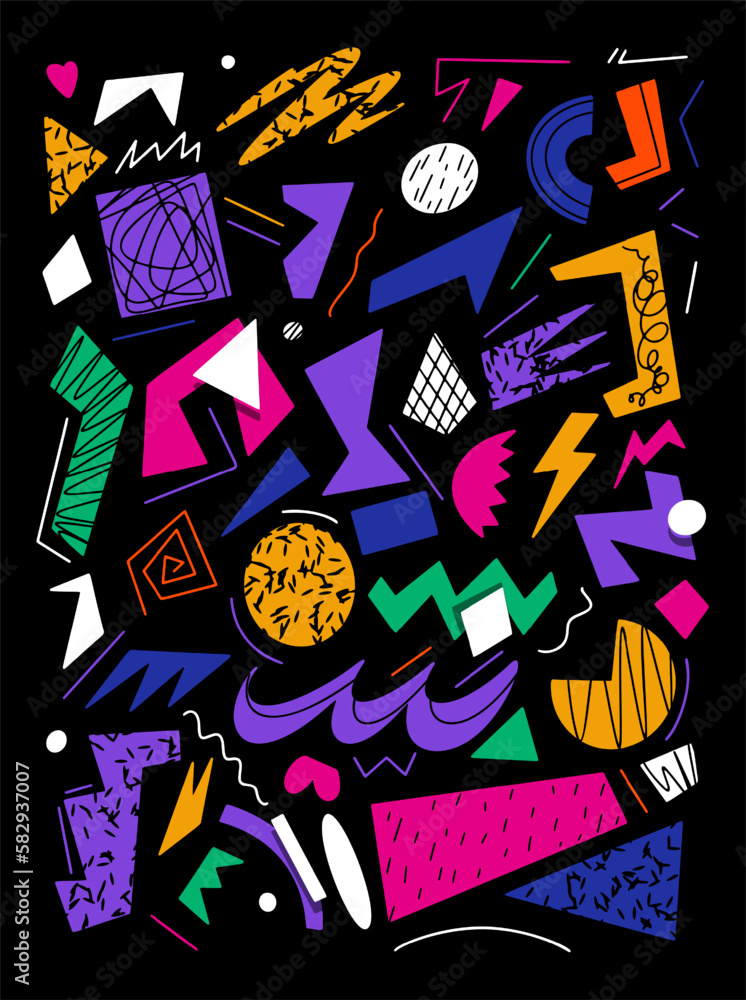 Aufkleber set of hand drawn and doodle elements. abstract multicolored geometric shape of doodle objects. isol