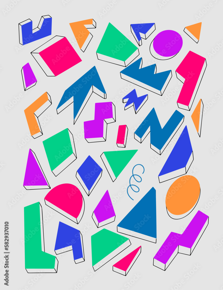 Poster set of hand drawn and doodle elements. abstract multicolored geometric shape of doodle objects. isol