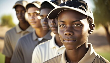 Group of Diverse and Empowered African American Black Youth High School Students Working Together in Golf : Power of Collaboration in Clubs, Sports Teams (generative AI)