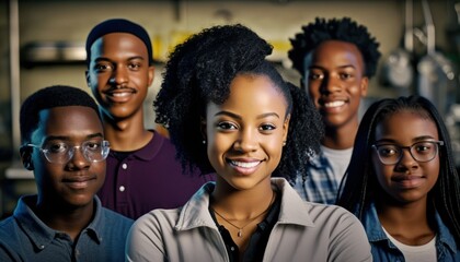 Group of Diverse and Empowered African American Black Youth High School Students Working Together in Science Club : Power of Collaboration in Clubs, Sports Teams (generative AI) - obrazy, fototapety, plakaty