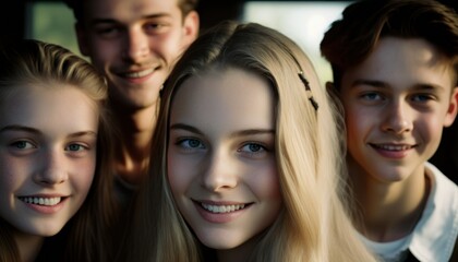 Obraz premium Group of Diverse and Empowered Caucasian White Youth High School Students Working Together in Film Club : Power of Collaboration in Clubs, Sports Teams (generative AI)
