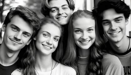 Fototapeta premium Group of Diverse and Empowered Caucasian White Youth High School Students Working Together in Film Club : Power of Collaboration in Clubs, Sports Teams (generative AI)