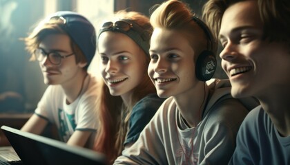 Group of Diverse and Empowered Caucasian White Youth High School Students Working Together in Gaming Club : Power of Collaboration in Clubs, Sports Teams (generative AI)