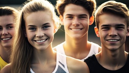 Group of Diverse and Empowered Caucasian White Youth High School Students Working Together in Track and Field : Power of Collaboration in Clubs, Sports Teams (generative AI)