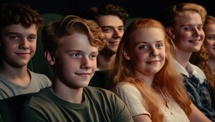 Fototapeta premium Group of Diverse and Empowered Caucasian White Youth High School Students Working Together in Theater : Power of Collaboration in Clubs, Sports Teams (generative AI)