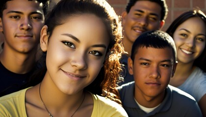 Obraz premium Group of Diverse and Empowered Hispanic Youth High School Students Working Together in Student Government : Power of Collaboration in Clubs, Sports Teams (generative AI)