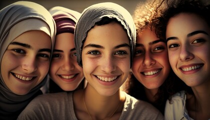 Fototapeta premium Group of Diverse and Empowered Middle Eastern Youth High School Students Working Together in History Club : Power of Collaboration in Clubs, Sports Teams (generative AI)