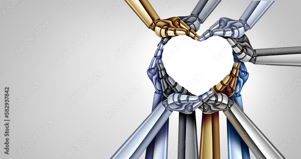Aufkleber Advanced Technology Unity and artificial intelligence love or AI dating and team collaboration for technological innovations as a group of robot hands forming a heart