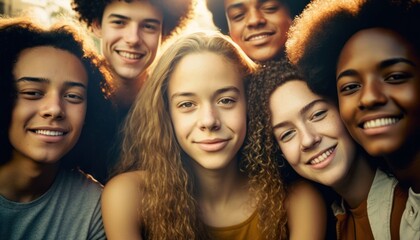 Obraz premium Group of Diverse and Empowered Multiracial Youth High School Students Working Together in Film Club : Power of Collaboration in Clubs, Sports Teams (generative AI)