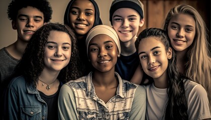 Fototapeta premium Group of Diverse and Empowered Multiracial Youth High School Students Working Together in History Club : Power of Collaboration in Clubs, Sports Teams (generative AI)
