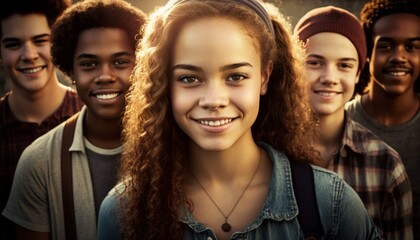 Fototapeta premium Group of Diverse and Empowered Multiracial Youth High School Students Working Together in History Club : Power of Collaboration in Clubs, Sports Teams (generative AI)