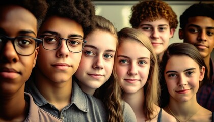 Fototapeta premium Group of Diverse and Empowered Multiracial Youth High School Students Working Together in Journalism Club : Power of Collaboration in Clubs, Sports Teams (generative AI)