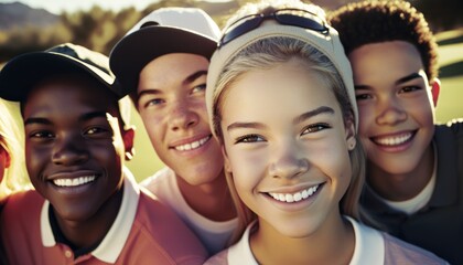 Group of Diverse and Empowered Multiracial Youth High School Students Working Together in Golf : Power of Collaboration in Clubs, Sports Teams (generative AI)