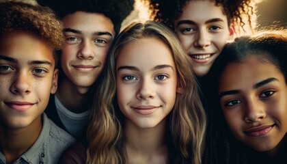 Obraz premium Group of Diverse and Empowered Multiracial Youth High School Students Working Together in Language Club : Power of Collaboration in Clubs, Sports Teams (generative AI)