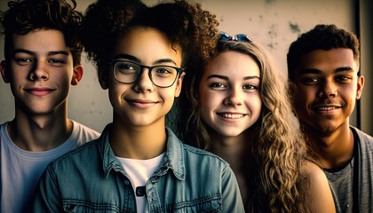 Fototapeta premium Group of Diverse and Empowered Multiracial Youth High School Students Working Together in Math Club : Power of Collaboration in Clubs, Sports Teams (generative AI)