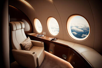 Interior Of Luxurious Private Jet With Leather Seats. Generative Ai