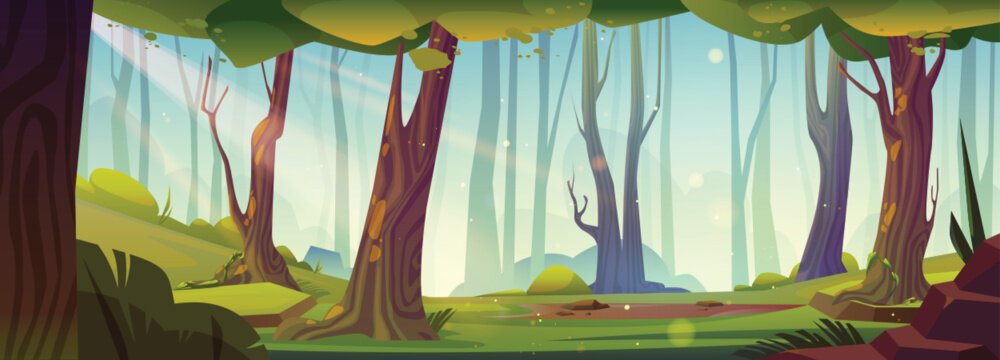 Nature background with forest landscape with trees, green grass and bushes. Summer scene of woods, park or garden in daylight. Nature panorama with forest glade, vector cartoon illustration