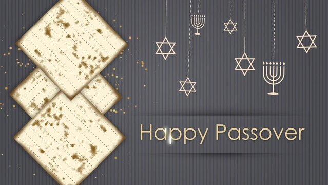 Happy Passover. Looped animation with symbols of Judaism. Festive matzah bread. Gray background with star of david and menorah.