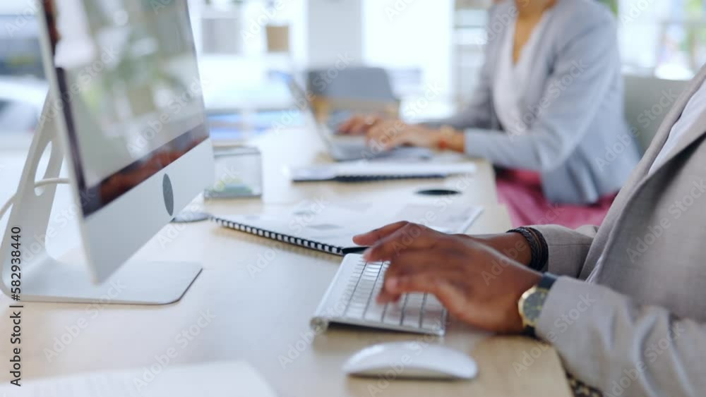 Poster businessman, computer and hands typing on keyboard for communication or email on office desk. hand o