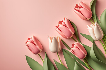 Spring tulip flowers on pink background top view Generative Ai