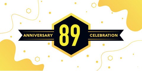 89 years anniversary logo vector design with yellow geometric shape with black and abstract design on white background template